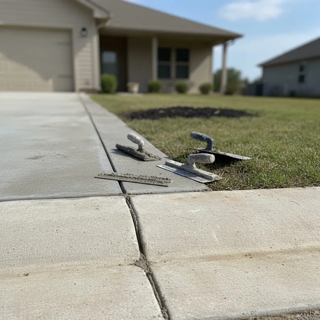 A finished driveway edge and control joint on an ordinary Little Rock property, concrete tools left in frame, nothing staged.