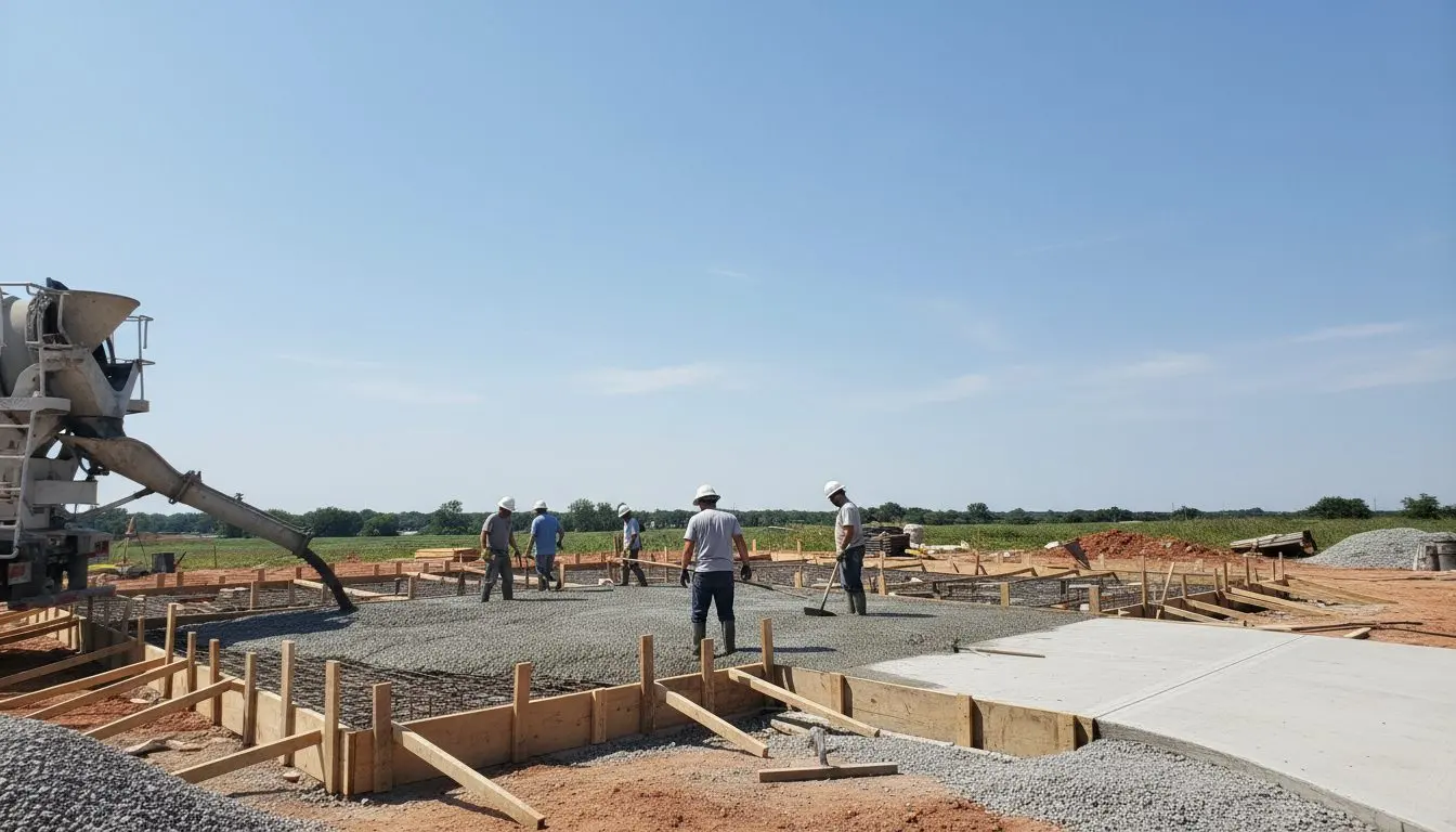 An ordinary Little Rock job site with a concrete crew mid pour, forms set and a finished driveway edge visible, nothing staged.