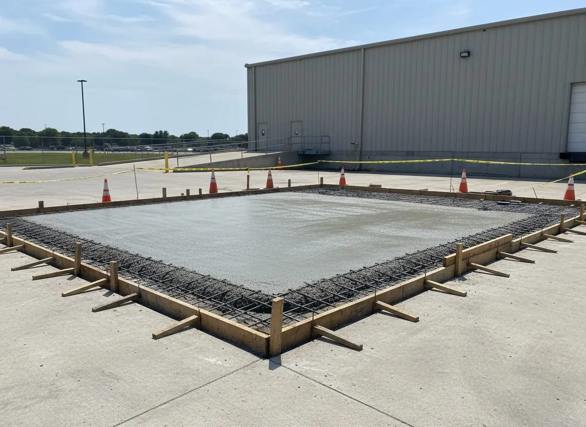 A commercial apron or loading dock pour in progress, forms and reinforcement visible, safety cones marking a barricaded work zone.