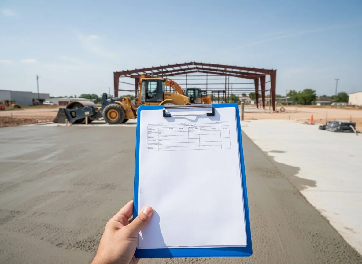 A delivery ticket or compaction record being checked against a clipboard on an active commercial job site.