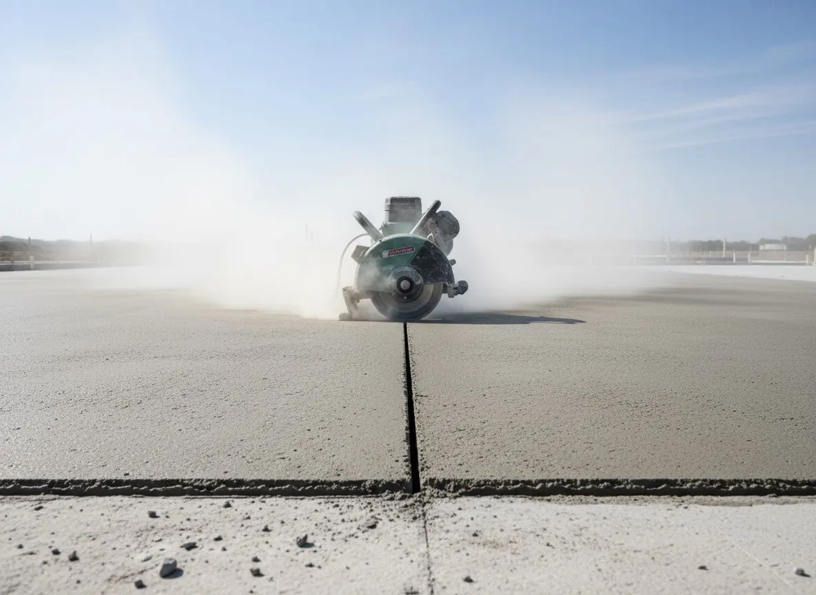 A control joint being saw cut into the surface of a curing concrete slab, the blade mid cut and dust along the line.