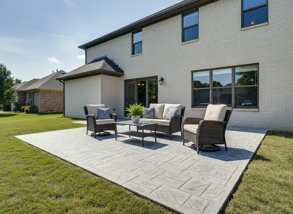 A finished stamped concrete patio with outdoor furniture set on it, the house visible behind, no tools or materials in view.
