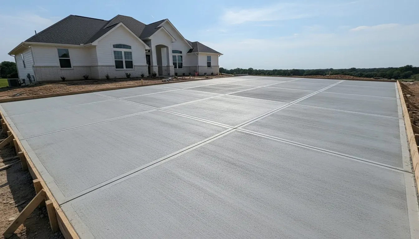 A freshly poured concrete driveway, broom finished and still curing, control joints cut in a grid and forms standing along the edges, a house behind it.