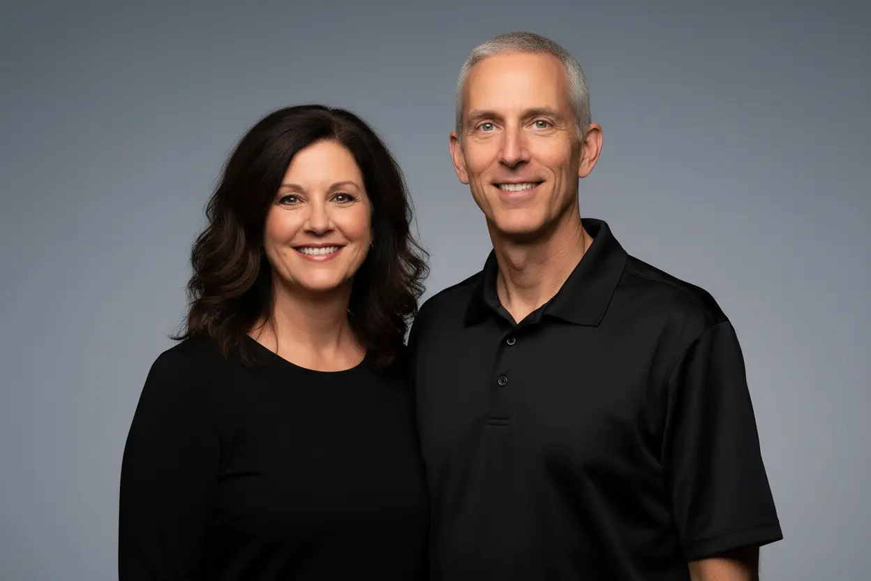 Wade and Loretta Tanner standing side by side in black work shirts against a plain gray backdrop, both smiling at the camera