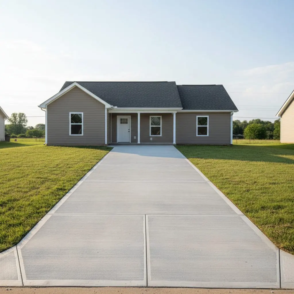 A finished broom-swept concrete driveway running up to a single family home, control joints tooled straight and the lawn edges clean on both sides.