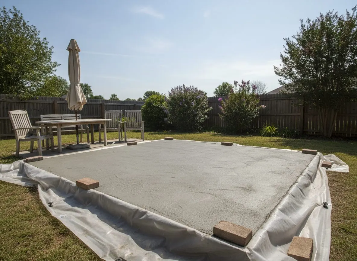 A patio slab curing under plastic sheeting in a residential backyard, garden furniture pushed clear of it.