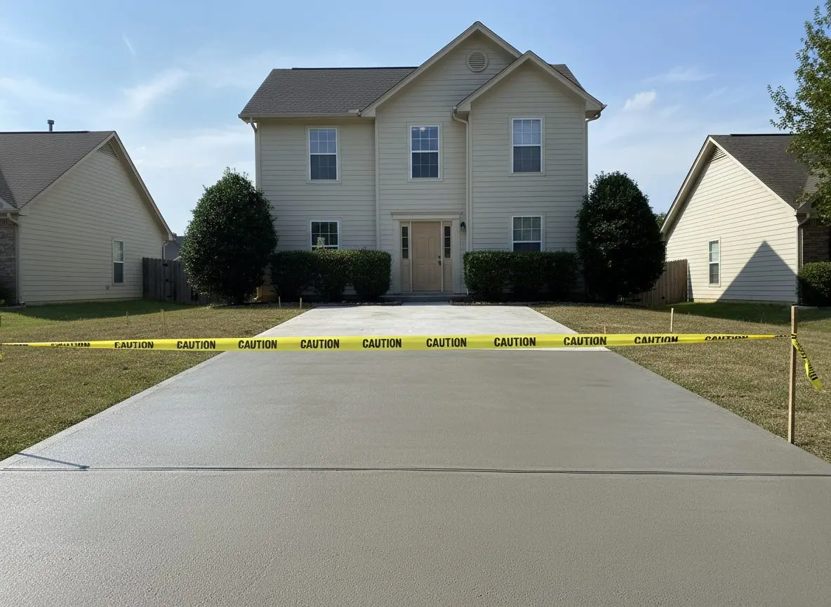 A residential driveway freshly poured with a barrier or caution tape across the entrance, an ordinary house in the background.