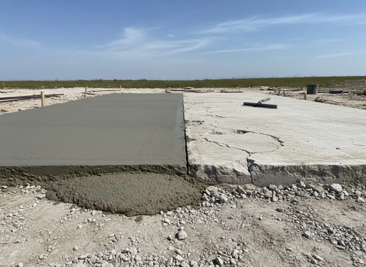 A concrete slab mid-repair, one section releveled and another still showing the original damage for comparison.