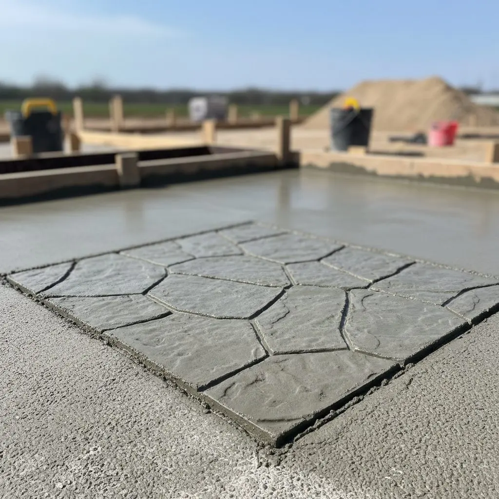 A close view of a stamped concrete pattern being textured with a mat while the surface is still workable.