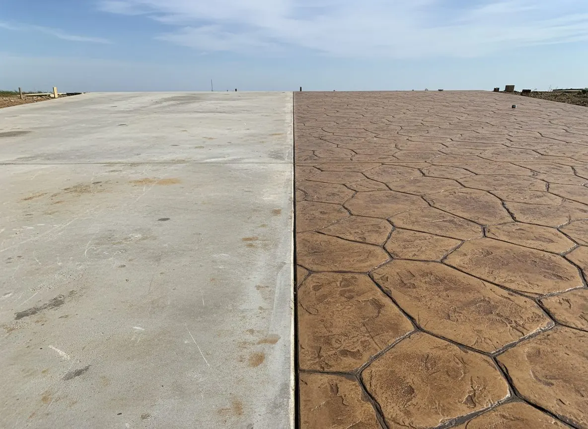 A worn concrete patio beside a section already resurfaced with a new stamped and colored overlay.