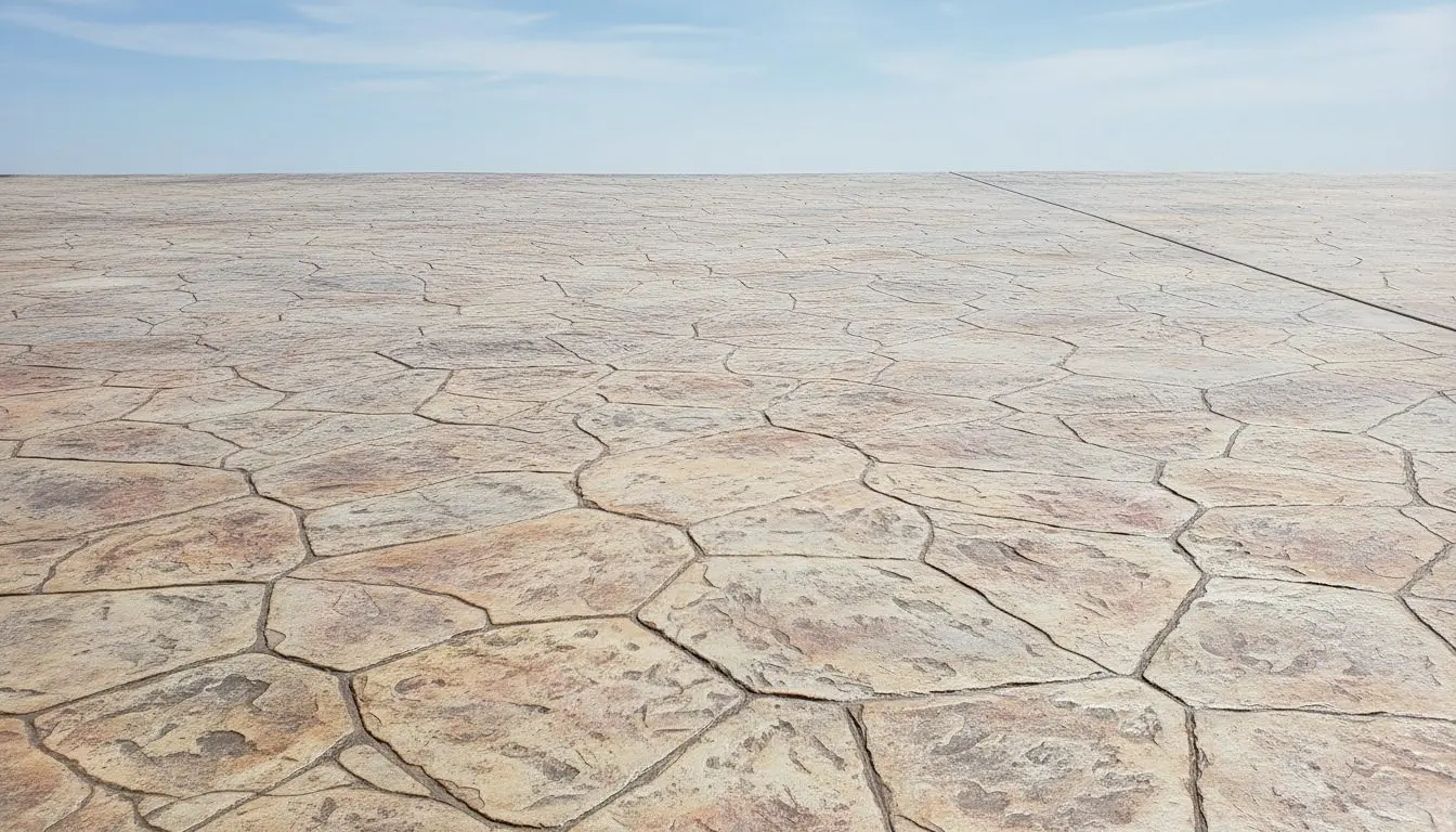A finished stamped or stained concrete patio or driveway, the texture and color pattern clearly visible in flat daylight.