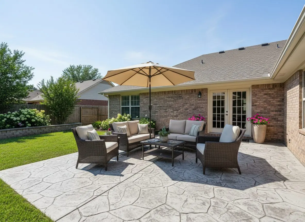 A finished stamped patio with outdoor furniture set up, styled like a listing photograph.