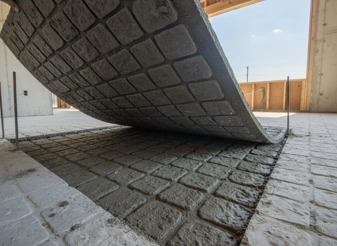 A stamped concrete mat being lifted to reveal a textured pattern underneath.