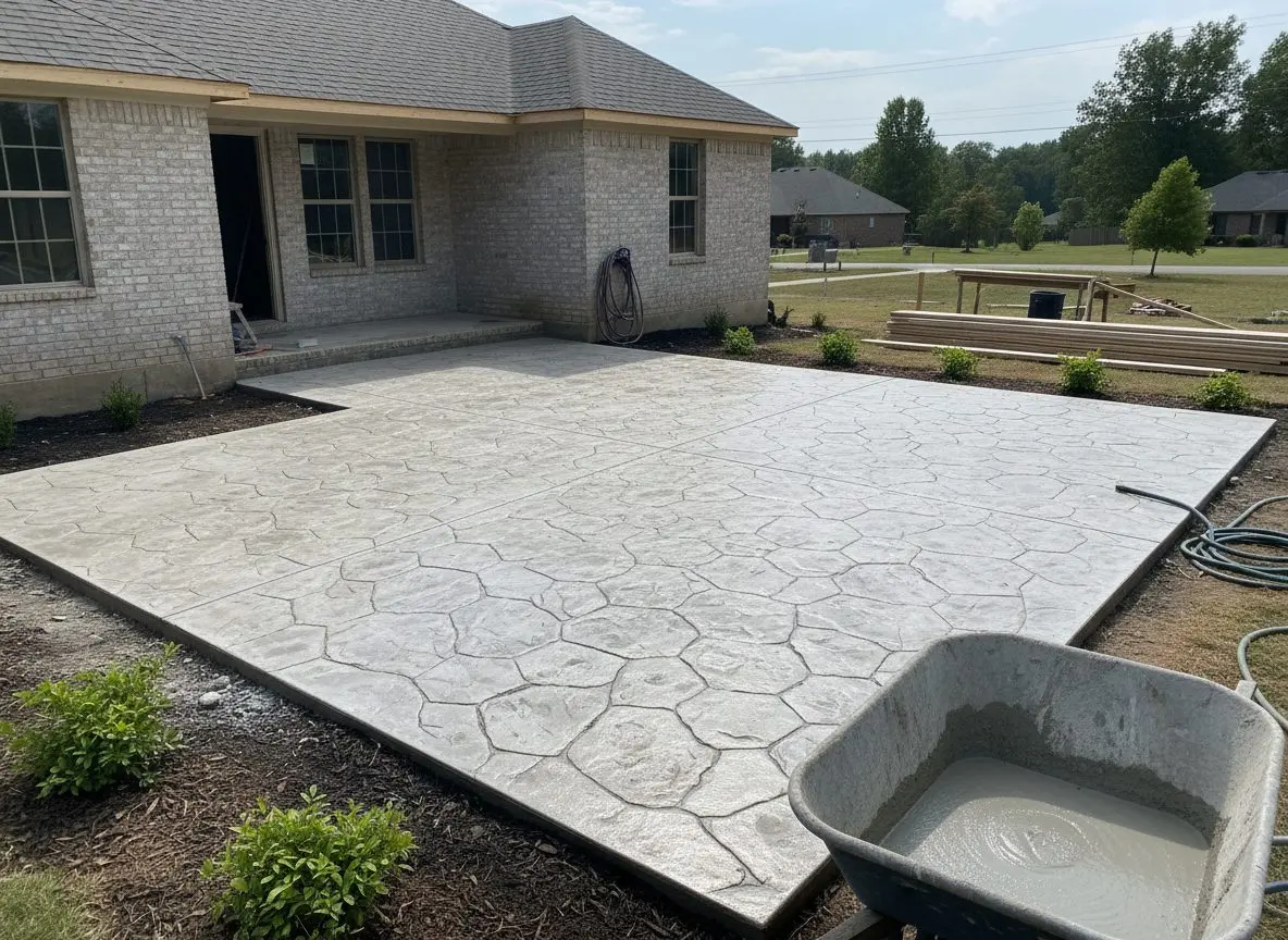 A finished stamped patio in a stone pattern, sealed and ready for furniture.