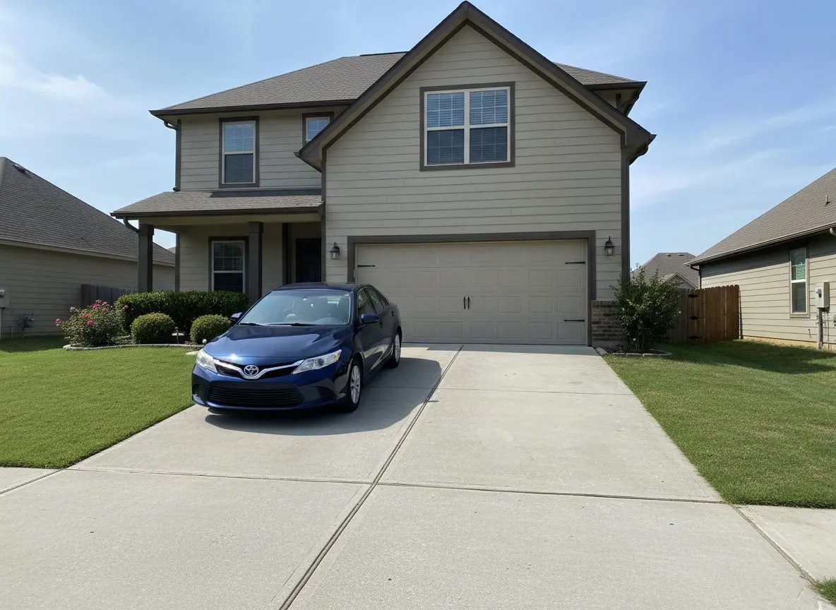 A finished, cured concrete driveway in front of a garage with a car parked on it, the lawn and house visible around it.