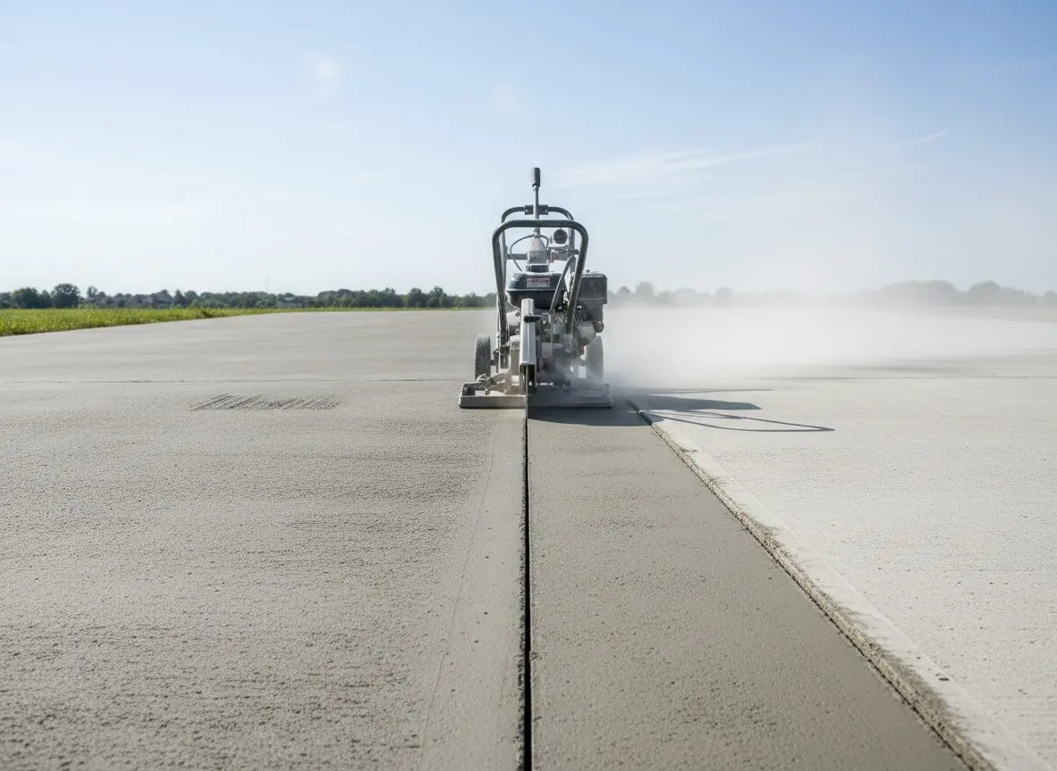 A control joint being saw cut into a curing driveway slab, the blade mid cut and dust along the straight line.