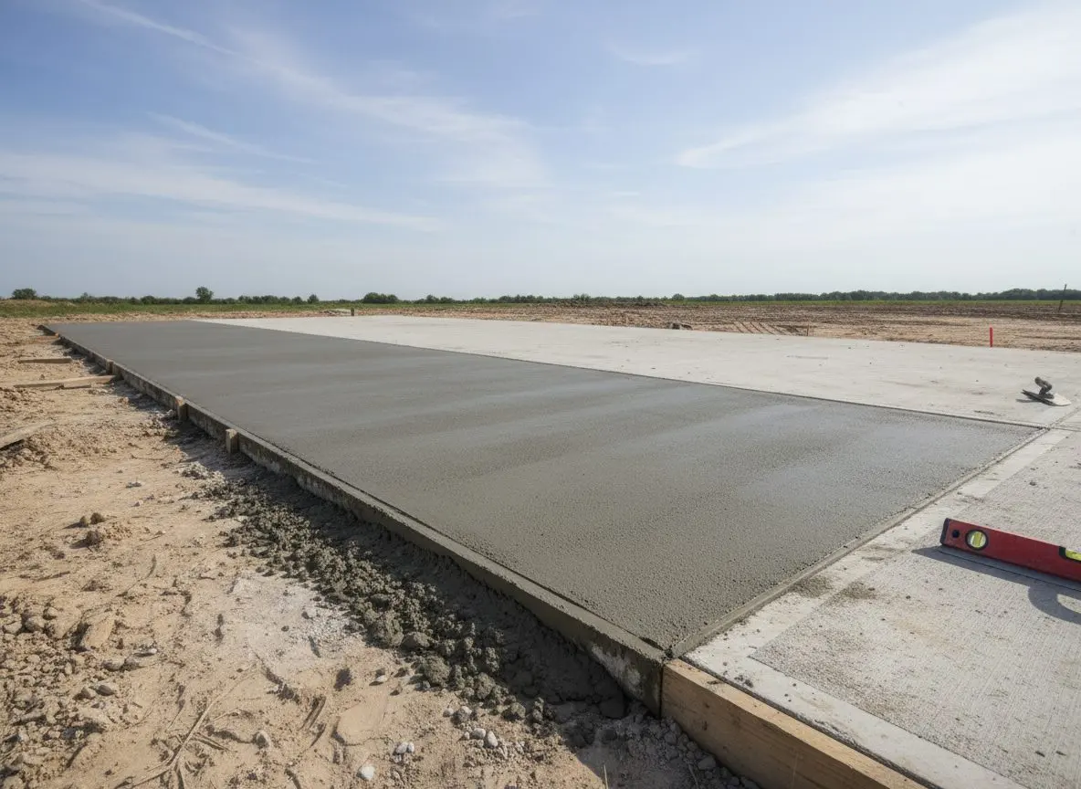 A new concrete strip poured alongside an older driveway slab, the fresh edge jointed against the existing one so the color difference reads clearly.