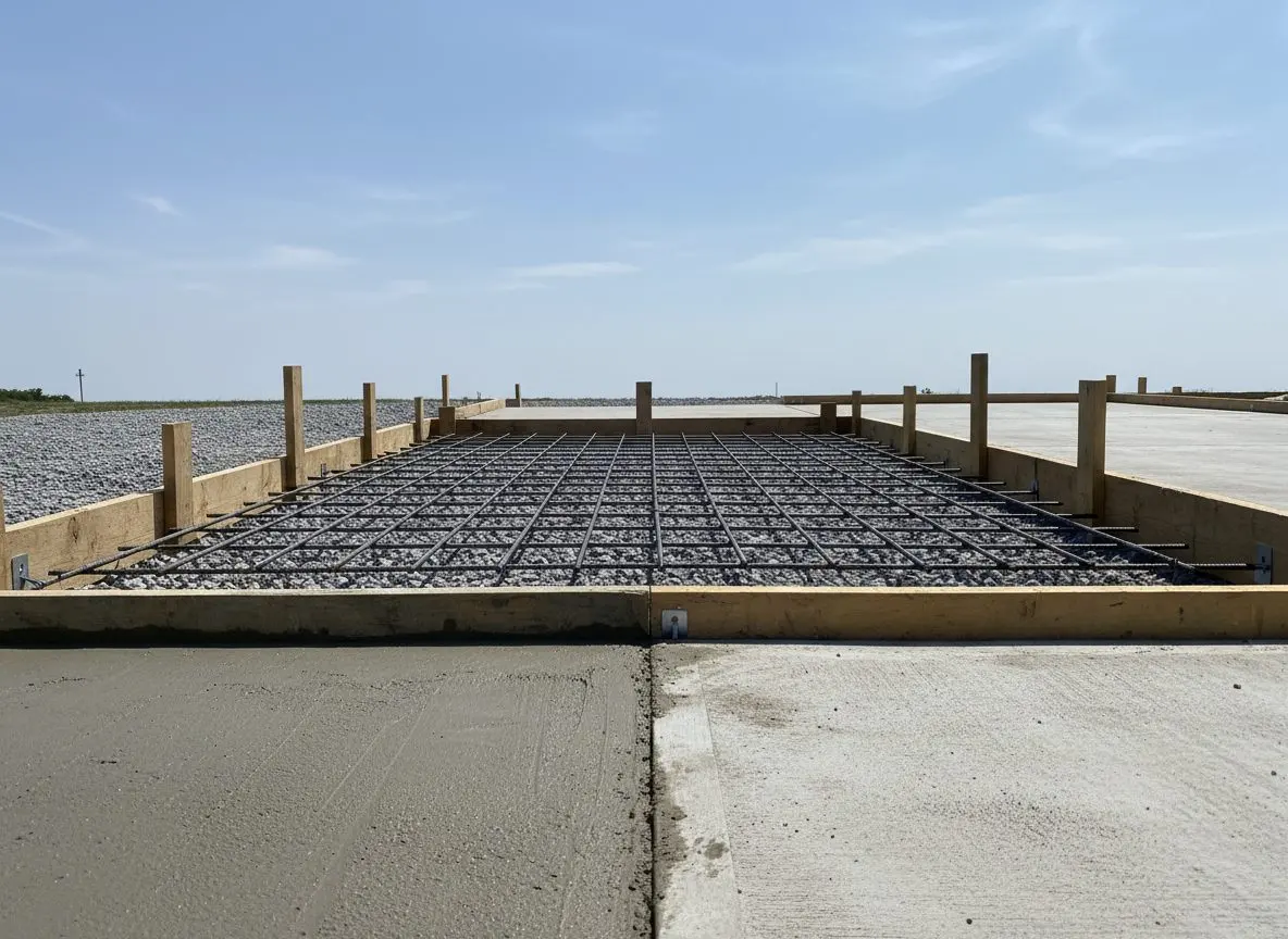 A close view of steel reinforcement laid inside wood forms before a driveway pour, resting on a compacted crushed stone base.