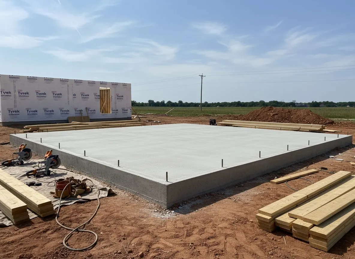 A finished concrete slab foundation with formwork removed, ready for framing to start.