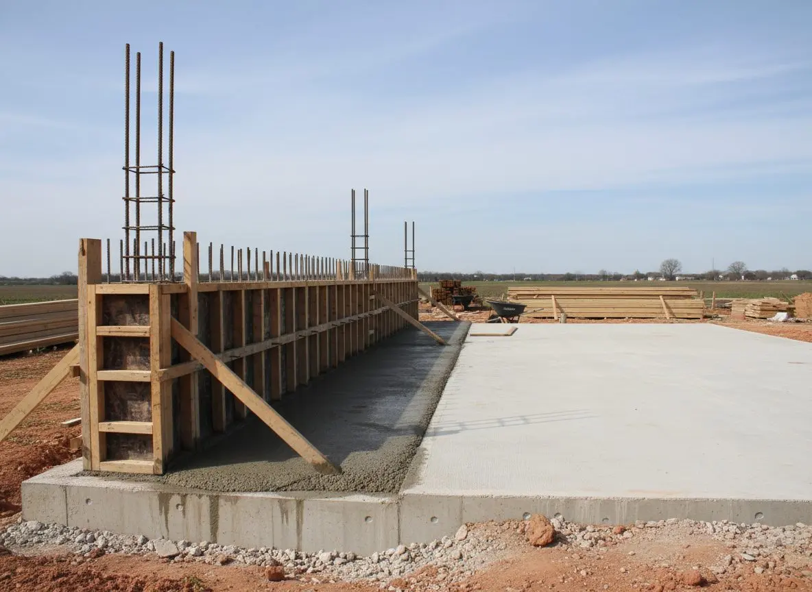 A stem wall and footing under construction beside a simpler slab foundation for comparison.