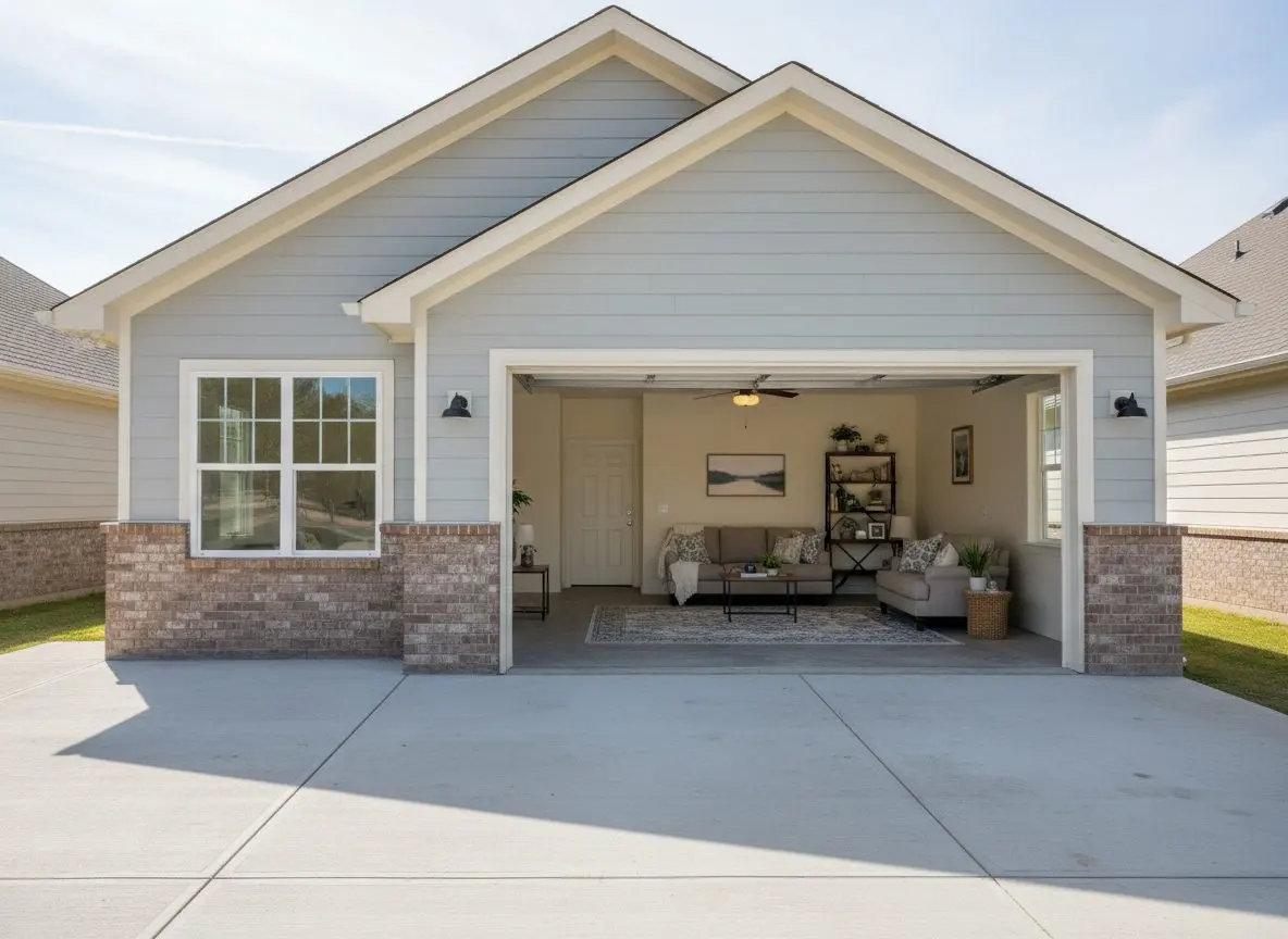 A finished garage or addition standing on a completed foundation, framing underway or complete.