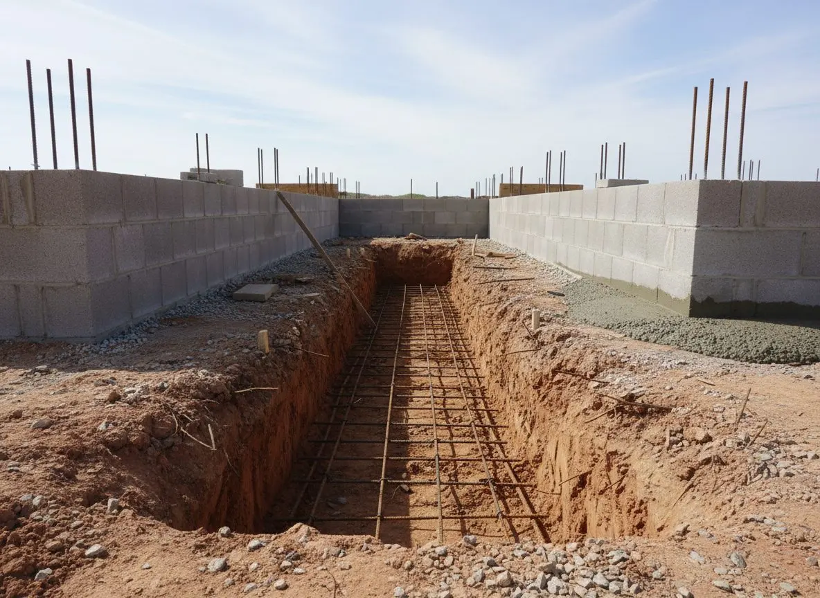 A footing trench or foundation wall with rebar in place before the pour.