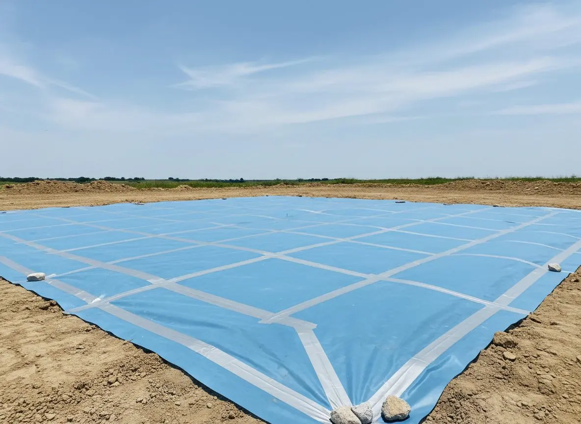 A poly vapor barrier laid under a slab before the pour, seams taped.