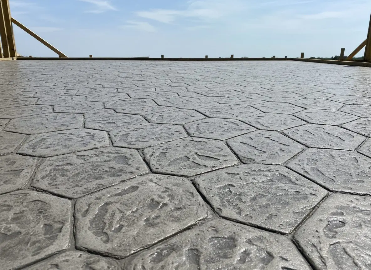 A stamped concrete patio surface up close, a textured pattern pressed into the finish before the surface cured.