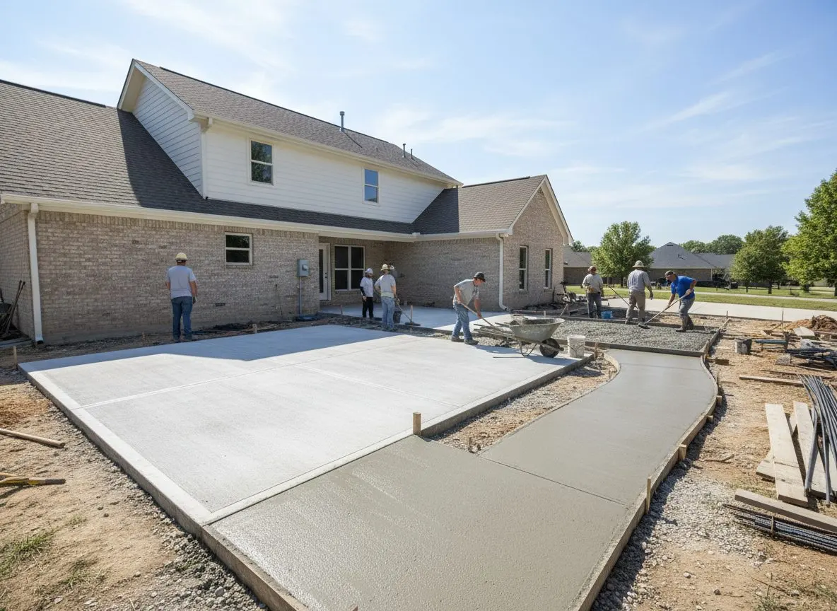 A finished concrete patio behind a house with a poured walkway connecting it to the driveway, broom finished and cured pale gray.