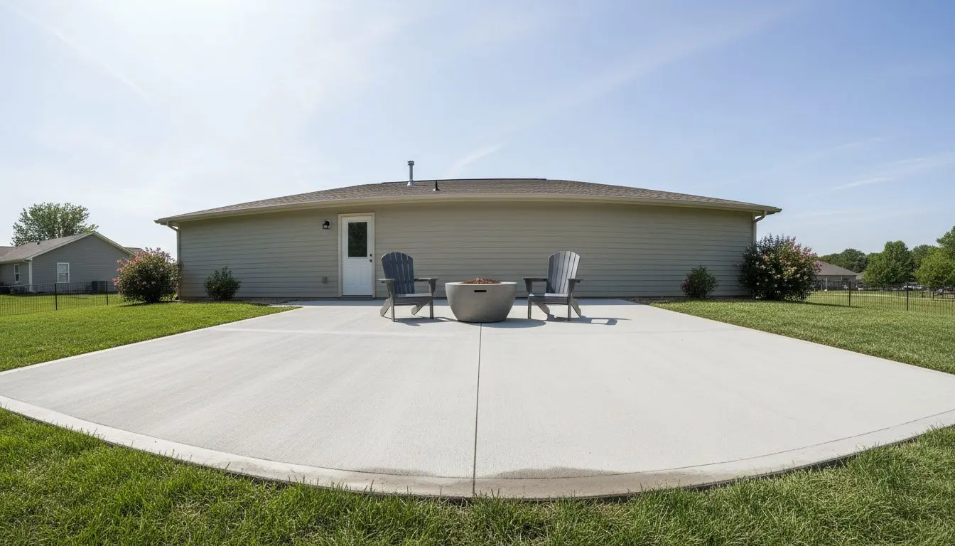 A finished concrete patio behind a house, poured flush against a back door with outdoor furniture set on it, broom finished with a lawn edge around it.