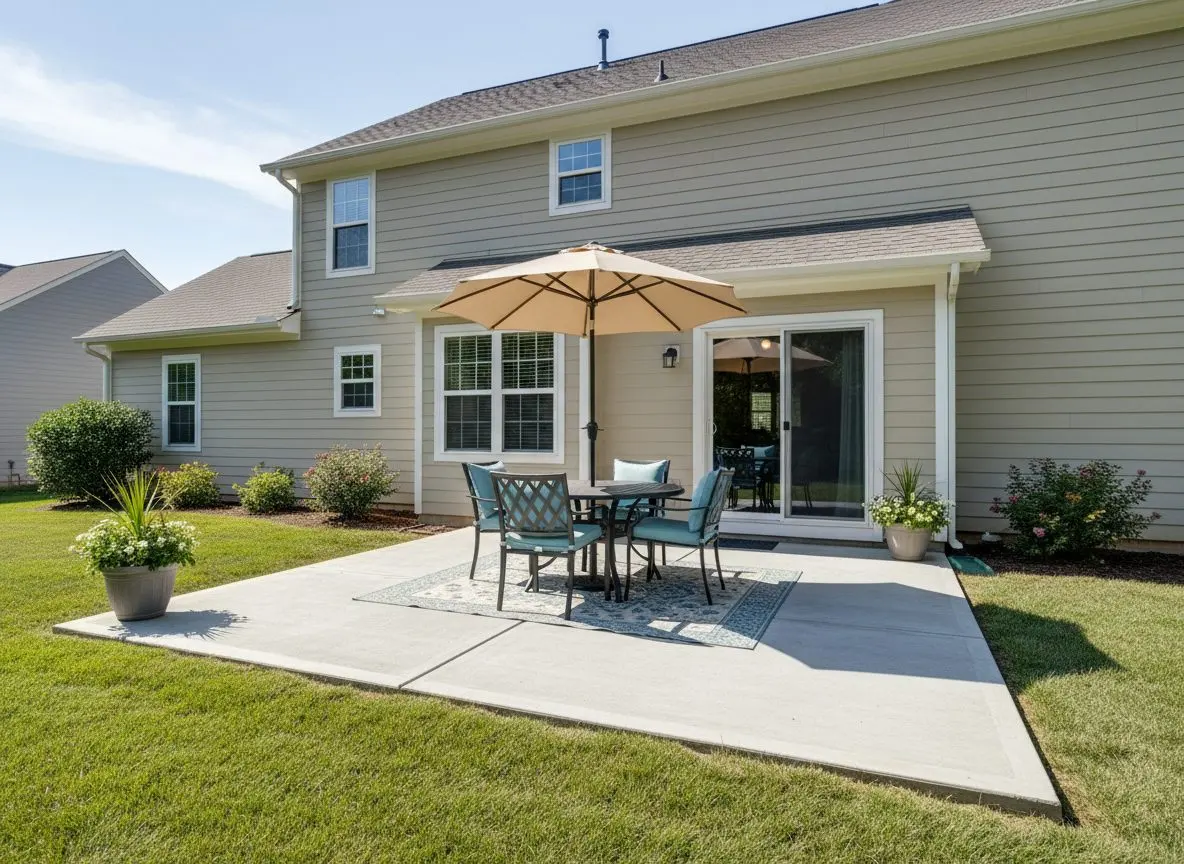 A finished, furnished concrete patio behind a house with outdoor chairs and a table set on it, the lawn visible around the edges.